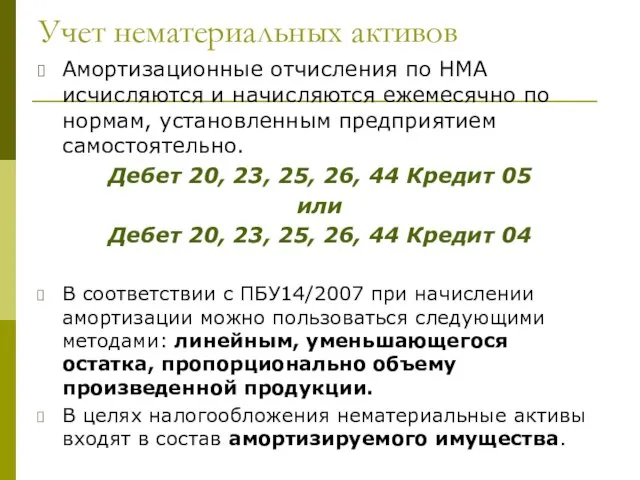 Учет нематериальных активов Амортизационные отчисления по НМА исчисляются и начисляются ежемесячно