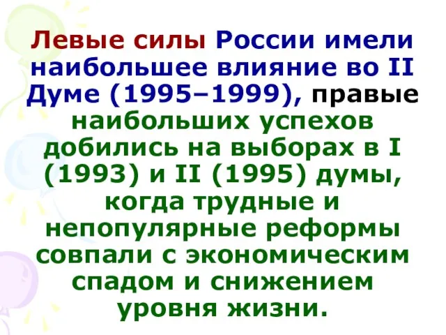 Левые силы России имели наибольшее влияние во II Думе (1995–1999), правые