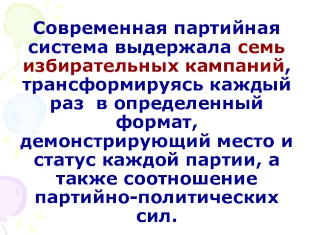 Современная партийная система выдержала семь избирательных кампаний, трансформируясь каждый раз в