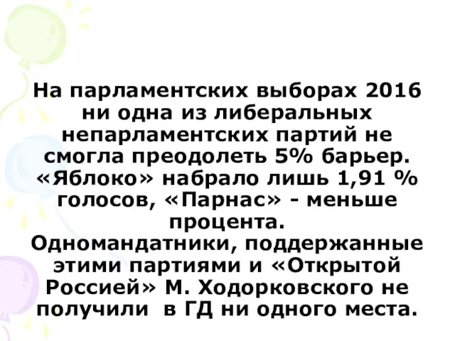 На парламентских выборах 2016 ни одна из либеральных непарламентских партий не