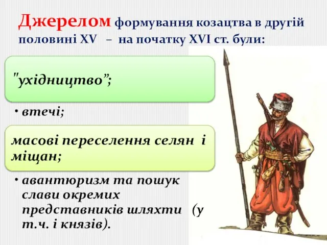 Джерелом формування козацтва в другій половині XV – на початку XVI ст. були: