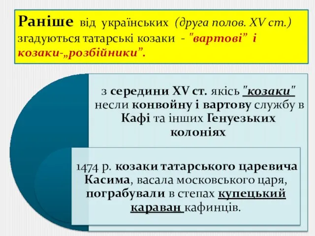 Раніше від українських (друга полов. XV ст.) згадуються татарські козаки - "вартові” і козаки-„розбійники”.