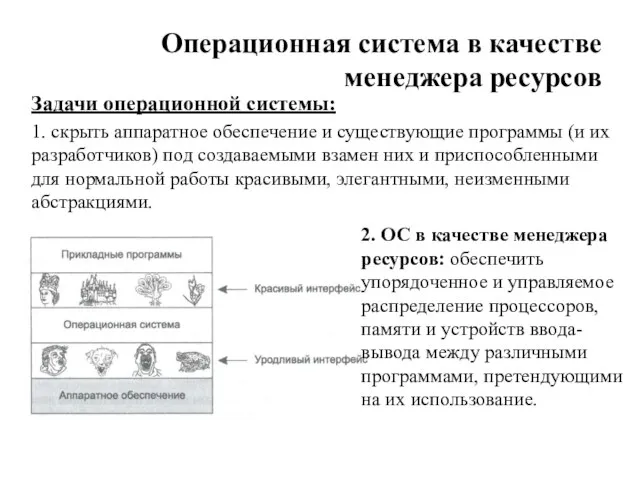 Операционная система в качестве менеджера ресурсов Задачи операционной системы: 1. скрыть