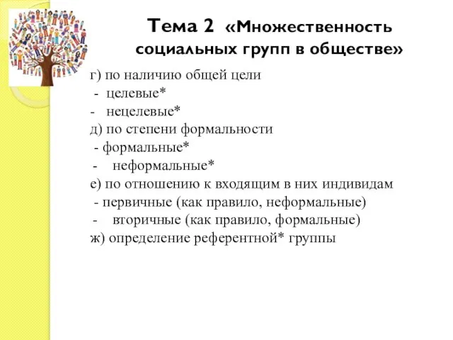 Тема 2 «Множественность социальных групп в обществе» г) по наличию общей