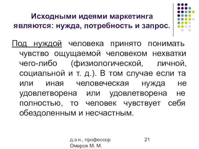 д.э.н., профессор Омаров М. М. Исходными идеями маркетинга являются: нужда, потребность