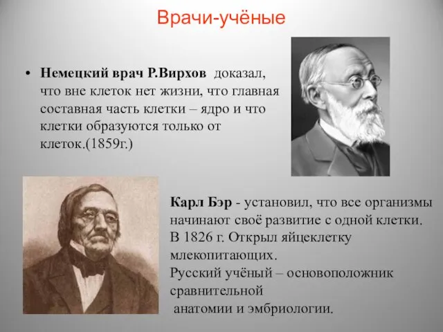 Врачи-учёные Немецкий врач Р.Вирхов доказал, что вне клеток нет жизни, что