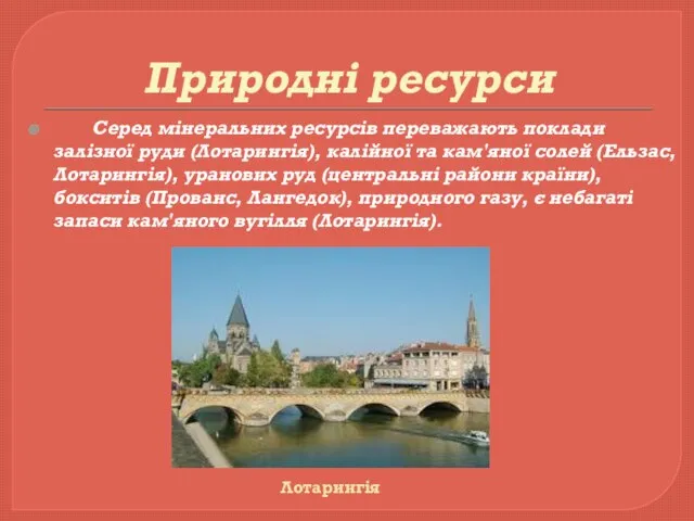 Природні ресурси Серед мінеральних ресурсів переважають поклади залізної руди (Лотарингія), калійної