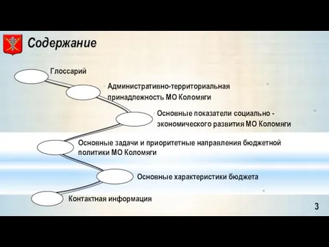 Содержание Глоссарий Основные показатели социально - экономического развития МО Коломяги Основные