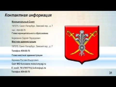 Муниципальный Совет 197375, Санкт-Петербург, Земский пер., д. 7 тел.: 454-68-70 Глава