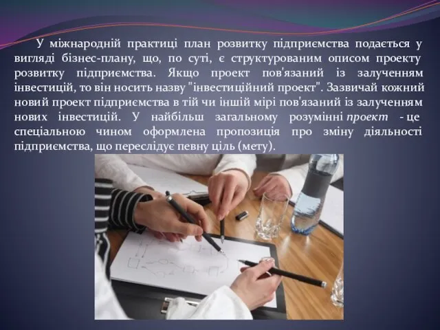 У міжнародній практиці план розвитку підприємства подається у вигляді бізнес-плану, що,