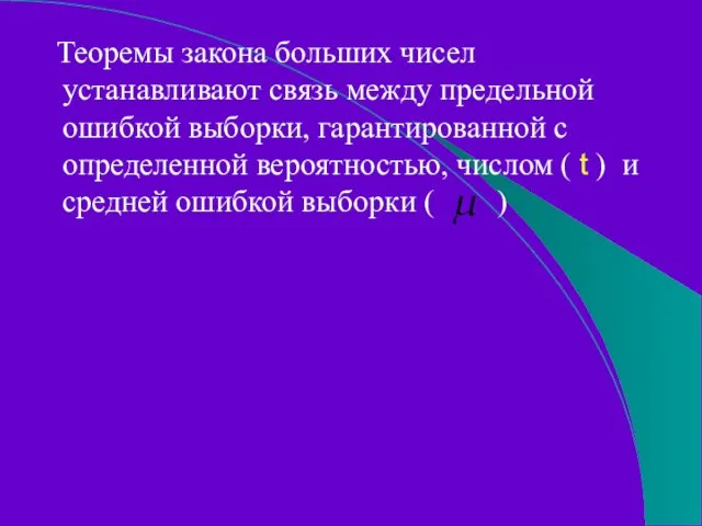 Теоремы закона больших чисел устанавливают связь между предельной ошибкой выборки, гарантированной