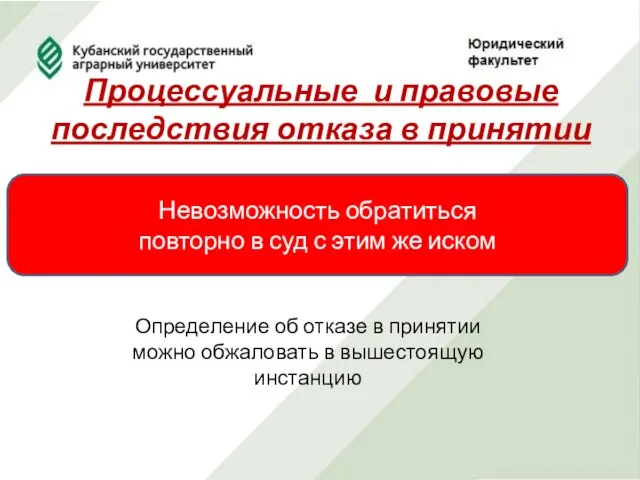 Процессуальные и правовые последствия отказа в принятии Невозможность обратиться повторно в