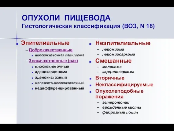 Эпителиальные Доброкачественные плоскоклеточная папиллома Злокачественные (рак) плоскоклеточный аденокарцинома аденокистозный железисто-плоскоклеточный недифференцированный