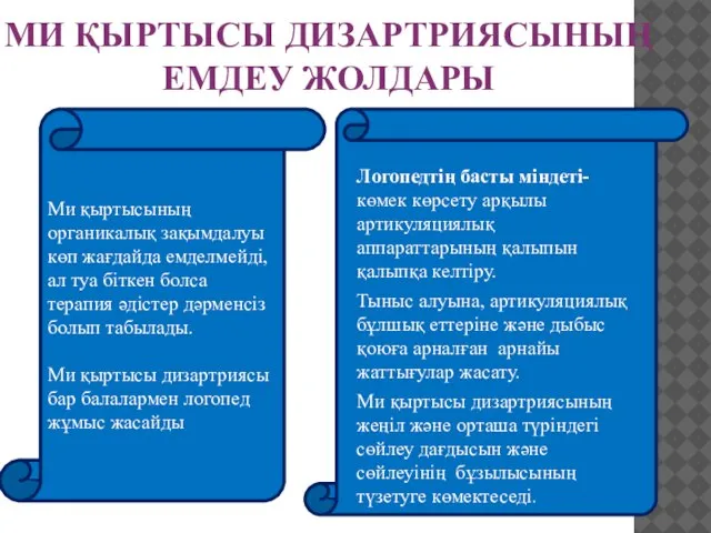 МИ ҚЫРТЫСЫ ДИЗАРТРИЯСЫНЫҢ ЕМДЕУ ЖОЛДАРЫ Логопедтің басты міндеті- көмек көрсету арқылы