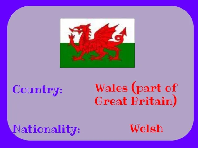 Country: Nationality: Wales (part of Great Britain) Welsh