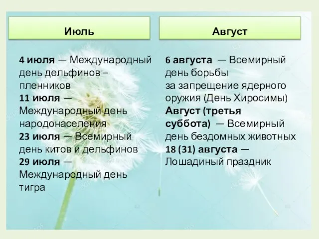 Июль 4 июля — Международный день дельфинов – пленников 11 июля