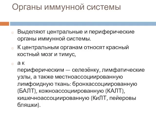 Органы иммунной системы Выделяют центральные и периферические органы иммунной системы. К