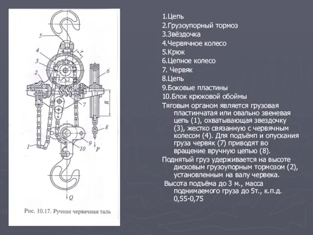 1.Цепь 2.Грузоупорный тормоз 3.Звёздочка 4.Червячное колесо 5.Крюк 6.Цепное колесо 7. Червяк