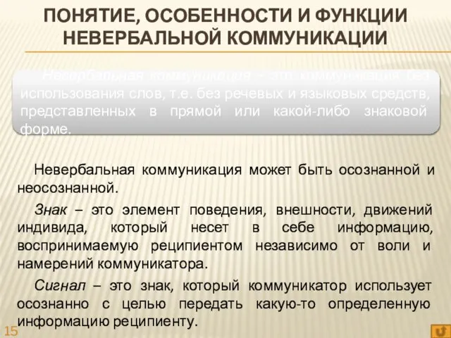 ПОНЯТИЕ, ОСОБЕННОСТИ И ФУНКЦИИ НЕВЕРБАЛЬНОЙ КОММУНИКАЦИИ Невербальная коммуникация может быть осознанной