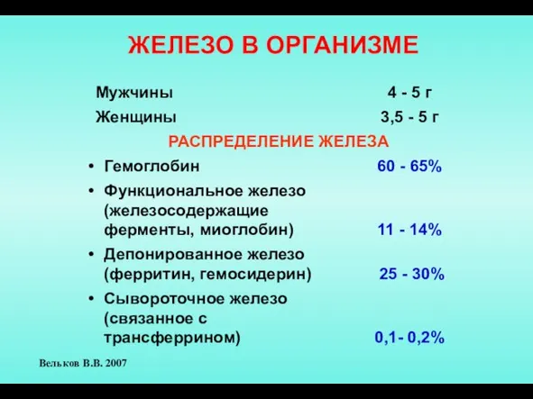 ЖЕЛЕЗО В ОРГАНИЗМЕ Вельков В.В. 2007