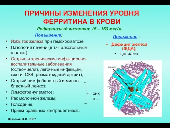 ПРИЧИНЫ ИЗМЕНЕНИЯ УРОВНЯ ФЕРРИТИНА В КРОВИ Повышение: Избыток железа при гемохроматозе;