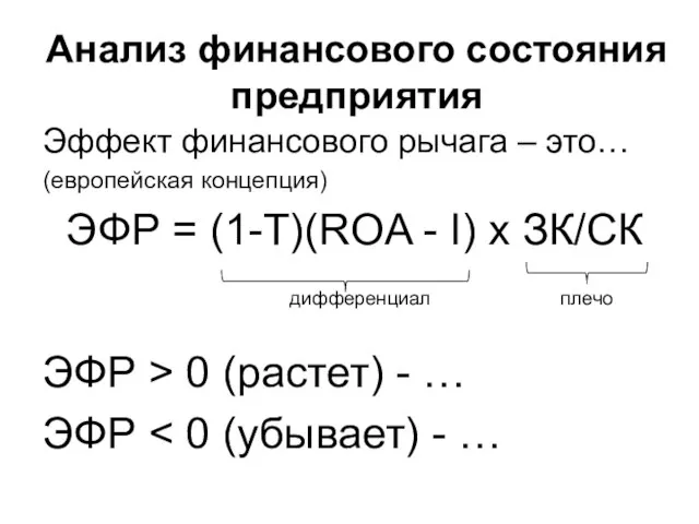 Анализ финансового состояния предприятия Эффект финансового рычага – это… (европейская концепция)