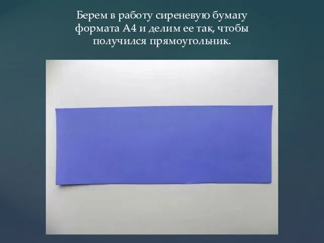 Берем в работу сиреневую бумагу формата А4 и делим ее так, чтобы получился прямоугольник.