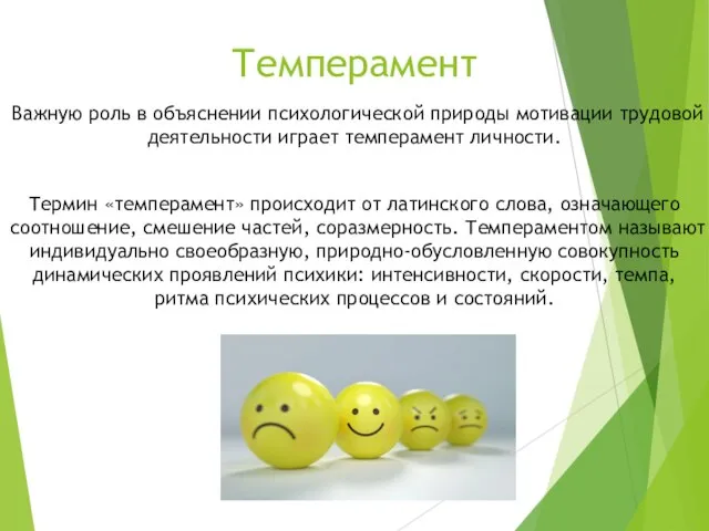 Темперамент Важную роль в объяснении психологической природы мотива­ции трудовой деятельности играет