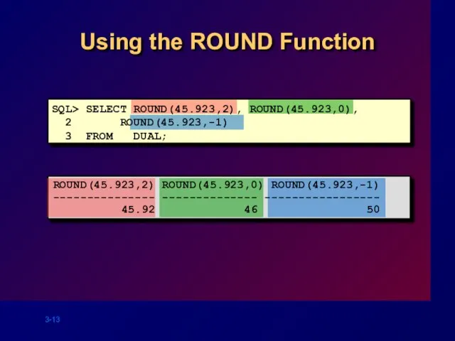 Using the ROUND Function SQL> SELECT ROUND(45.923,2), ROUND(45.923,0), 2 ROUND(45.923,-1) 3