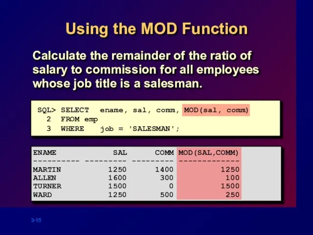 Using the MOD Function Calculate the remainder of the ratio of