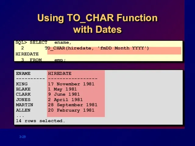 Using TO_CHAR Function with Dates SQL> SELECT ename, 2 TO_CHAR(hiredate, 'fmDD