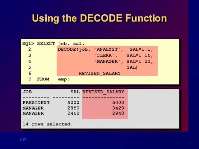 Using the DECODE Function SQL> SELECT job, sal, 2 DECODE(job, 'ANALYST',