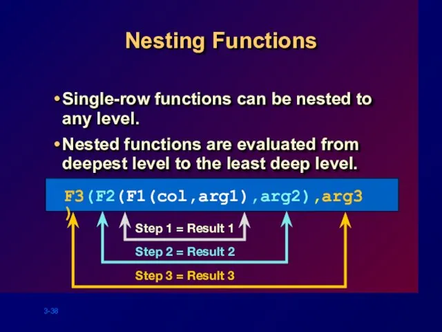 Nesting Functions Single-row functions can be nested to any level. Nested