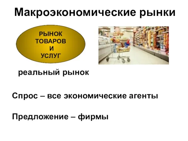 РЫНОК ТОВАРОВ И УСЛУГ реальный рынок Спрос – все экономические агенты Предложение – фирмы Макроэкономические рынки