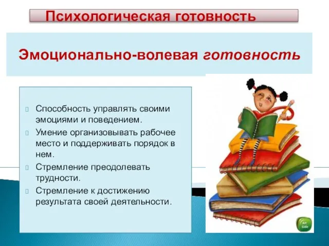 Эмоционально-волевая готовность Способность управлять своими эмоциями и поведением. Умение организовывать рабочее