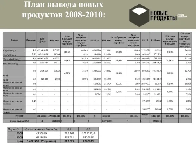 План вывода новых продуктов 2008-2010: