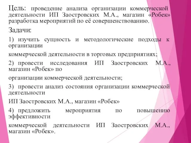 Цель: проведение анализа организации коммерческой деятельности ИП Заостровских М.А., магазин «Робек»