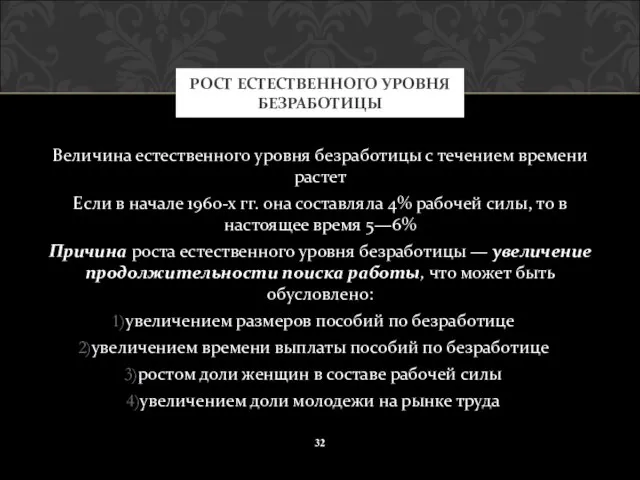 Величина естественного уровня безработицы с течением времени растет Если в начале