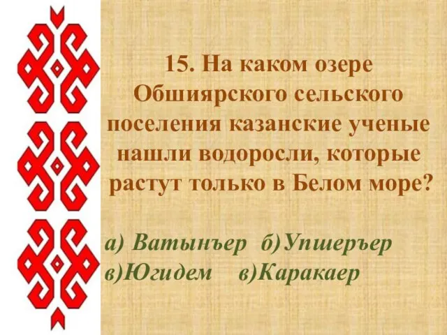 15. На каком озере Обшиярского сельского поселения казанские ученые нашли водоросли,