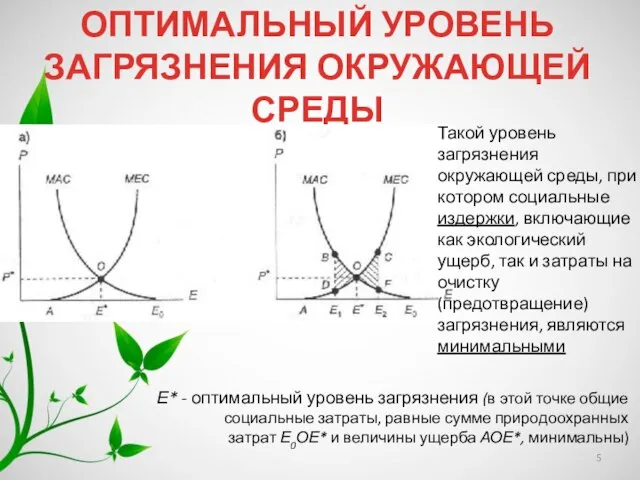 Е* - оптимальный уровень загрязнения (в этой точке общие социальные затраты,