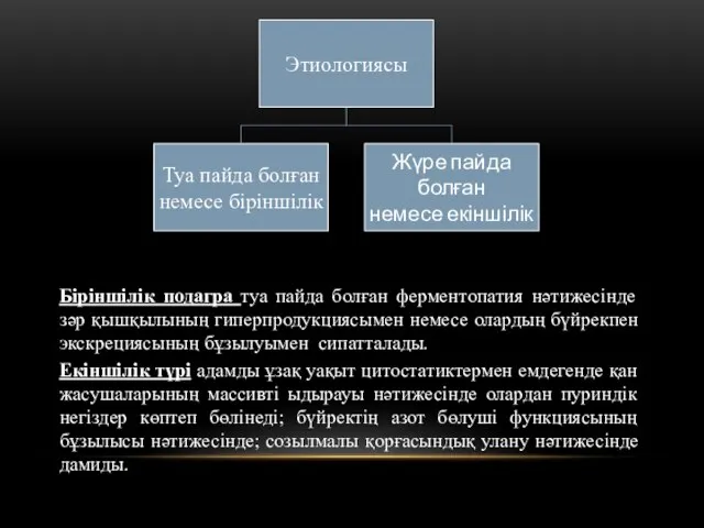 Біріншілік подагра туа пайда болған ферментопатия нәтижесінде зәр қышқылының гиперпродукциясымен немесе