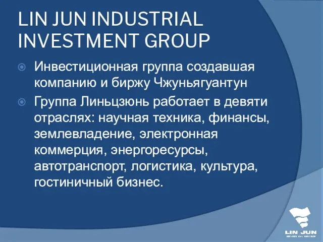 LIN JUN INDUSTRIAL INVESTMENT GROUP Инвестиционная группа создавшая компанию и биржу