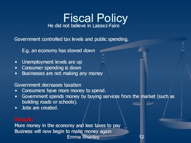 Emma Shanley Fiscal Policy Government controlled tax levels and public spending.