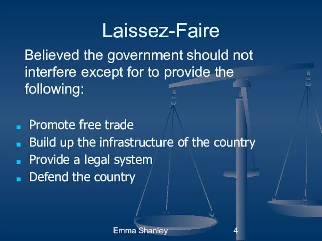 Emma Shanley Laissez-Faire Promote free trade Build up the infrastructure of