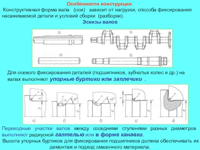 Особенности конструкции. Конструктивная форма вала (оси) зависит от нагрузки, способа фиксирования