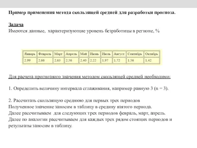 Пример применения метода скользящей средней для разработки прогноза. Задача Имеются данные,