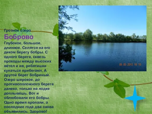 Грозное озеро Боброво Глубокое, большое, длинное. Селятся на его диком берегу