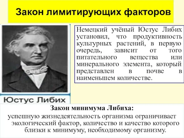 Закон лимитирующих факторов Немецкий учёный Юстус Либих установил, что продуктивность культурных