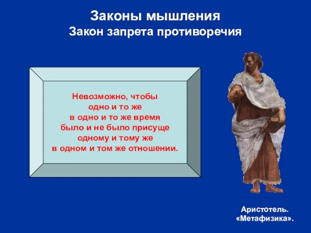 Законы мышления Закон запрета противоречия Невозможно, чтобы одно и то же