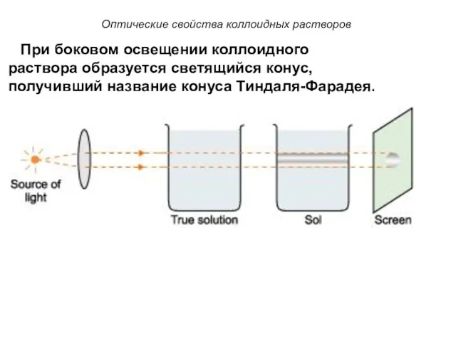 Оптические свойства коллоидных растворов При боковом освещении коллоидного раствора образуется светящийся конус, получивший название конуса Тиндаля-Фарадея.